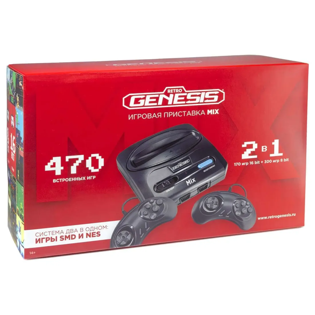 Retro Genesis Mix (8+16Bit) + 470 игр (AV кабель, 2 проводных джойстика)