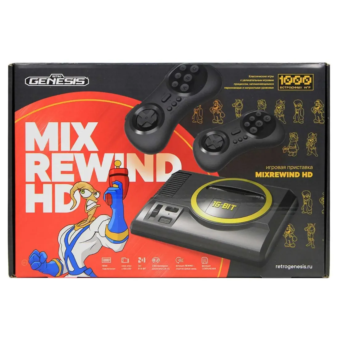 Retro Genesis MixRewind HD (1000 игр, 2 беспр.дж., HDMI, 8+16Bit, Rewind, сохранения, RGP-515)