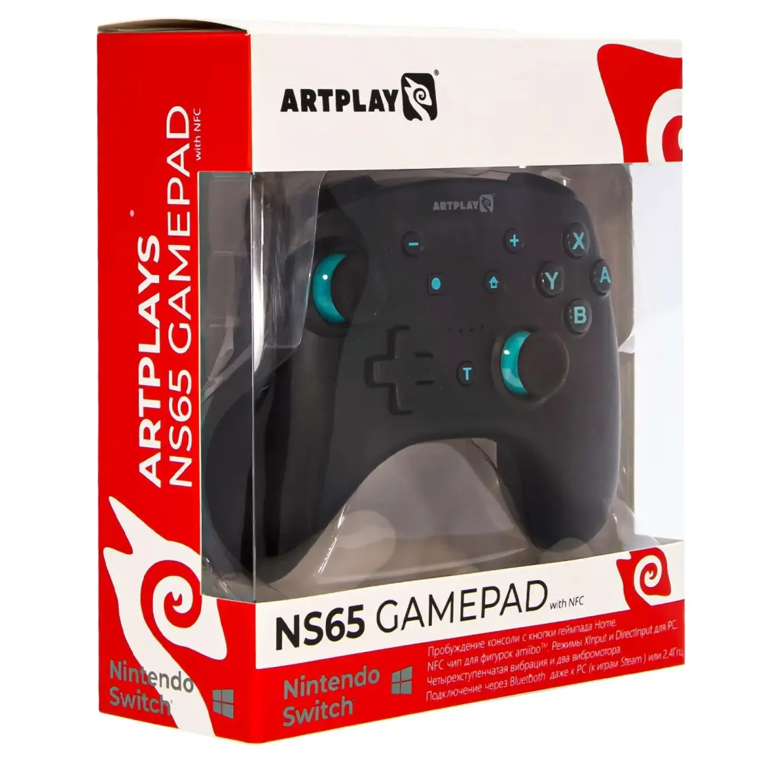 Геймпад Artplays NS65 для Nintendo Switch/PC, черно-бирюзовый (2,4G, li-ion, NFC, dualvibro)